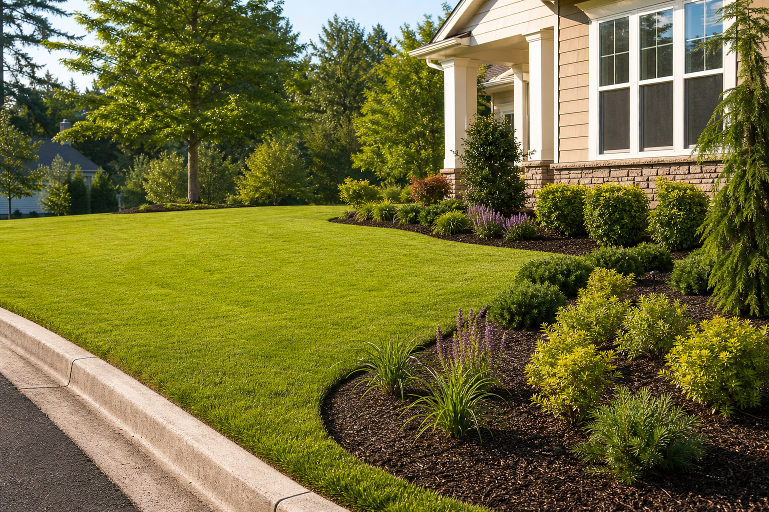 Freshly edged lawn with clean mulch beds and trimmed shrubs